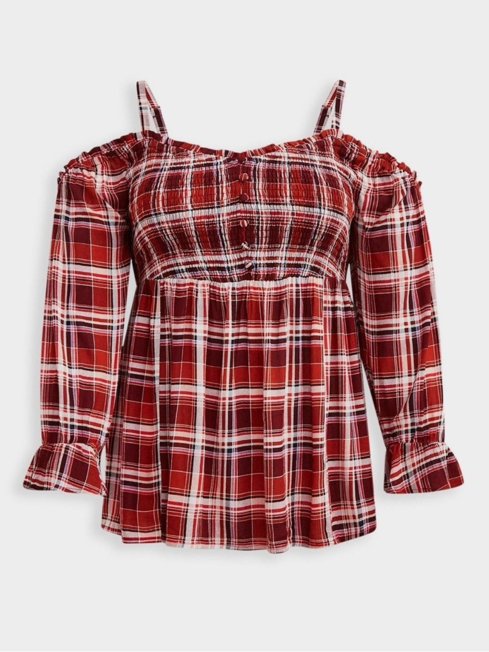 Torrid Babydoll Crinkle Gauze Plaid Smocked Cold Shoulder Top Lumberjack Vibes - Picture 4 of 8